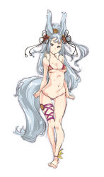 Rule 34 | 10s, 1girl, animal ears, anklet, barefoot, bikini, blue eyes, breasts, collarbone, erune, full body, granblue fantasy, highres, jewelry, looking at viewer, micro bikini, navel, silver hair, simple background, societte (granblue fantasy), solo, swimsuit, tail, thomasz, white background, wolf ears, wolf tail