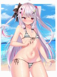 Rule 34 | absurdres, bare arms, beach, bikini, blue sky, blush, border, bow, breasts, closed mouth, cloud, collarbone, commentary request, cowboy shot, day, growing naru, hair bobbles, hair bow, hair ornament, hair ribbon, hairclip, highres, long hair, micro bikini, mountainous horizon, multicolored hair, navel, nijisanji, ocean, outdoors, pink hair, red eyes, ribbon, shiny skin, sidelocks, silver hair, sky, small breasts, smile, solo, standing, streaked hair, striped bikini, striped clothes, swimsuit, thighs, two side up, virtual youtuber, wide hips, x hair ornament, yorumi rena, yorumi rena (young)