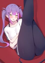 Rule 34 | 1girl, ass, black pants, black undershirt, blush, breasts, clothes writing, colored inner hair, couch, covered erect nipples, cropped shirt, crossed arms, demon girl, demon tail, from above, green eyes, hair ornament, hairclip, head tilt, highres, hololive, hololive dance practice uniform, legs up, long hair, looking at viewer, lying, medium breasts, multicolored hair, on back, open mouth, pants, pink hair, pointy ears, purple hair, shirt, short sleeves, solo, sweat, tail, tokoyami towa, twintails, virtual youtuber, white shirt, yoga pants, yoshiheihe