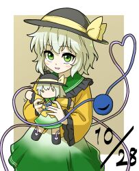 Rule 34 | 1girl, :d, black hat, brown background, commentary, dated, doll, green eyes, green skirt, hat, hat ribbon, heart, heart of string, holding, holding doll, itani illust, komeiji koishi, light green hair, long sleeves, looking at viewer, open mouth, ribbon, shirt, simple background, skirt, smile, solo, third eye, touhou, yellow ribbon, yellow shirt