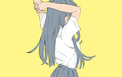Rule 34 | 1girl, arms up, bare arms, commentary request, from behind, grey skirt, highres, original, pleated skirt, school uniform, shiki haru, shirt, short sleeves, simple background, skirt, solo, stretching, upper body, white shirt, yellow background