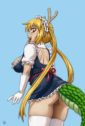 Rule 34 | 1girl, ass, blonde hair, blue background, blush, breasts, breasts out, cleft of venus, dragon girl, dragon horns, dragon tail, from behind, highres, horns, kobayashi-san chi no maidragon, large breasts, long hair, looking back, maid, maid headdress, nipples, no bra, no panties, open mouth, pussy, ragathol, red eyes, sharp teeth, shoulder blades, simple background, smile, solo, standing, tail, teeth, thighhighs, tohru (maidragon), twintails, white thighhighs