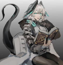 Rule 34 | 1girl, aqua eyes, aqua nails, aqua wings, arknights, black pantyhose, book, fangs, feathered wings, fingerless gloves, fingernails, gloves, grey background, grey hair, hair between eyes, highres, ho&#039;olheyak (arknights), holding, holding book, long coat, long sleeves, looking at viewer, open mouth, pantyhose, sharp fingernails, sitting, snake tail, solo, tail, unfinished, weibo 7560517803, white gloves, wings