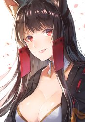 Rule 34 | 1girl, akagi (azur lane), animal ears, azur lane, breasts, brown hair, cleavage, detached collar, fox ears, highres, large breasts, lips, long hair, looking at viewer, myusha, open clothes, parted lips, red eyes, ribbon trim, sidelocks, simple background, smile, solo, straight hair, tassel, upper body, very long hair, white background