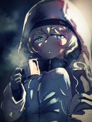Rule 34 | 1girl, baseball cap, blue eyes, blue hat, blue jacket, blush, coat, coffee mug, commentary, cup, fur-trimmed coat, fur trim, girls und panzer, gloves, grey gloves, hair between eyes, hat, holding, holding cup, hood, hooded coat, jacket, keizoku military uniform, looking to the side, mug, open clothes, open coat, short hair, solo, stggc, track jacket, white coat, youko (girls und panzer)