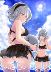 Rule 34 | 2girls, absurdres, adapted costume, ass, ayakase hotaru, back, bare arms, bare legs, bare shoulders, belt, bikini, bikini skirt, bikini under clothes, black bikini, black hairband, black shorts, blue sky, blush, breasts, cleavage, closed mouth, cloud, cloudy sky, commentary request, cowboy shot, day, emil (nier), eyelashes, fingernails, from behind, front-tie bikini top, front-tie top, groin, hair between eyes, hairband, hand in own hair, hand to head, highleg, highleg bikini, highres, holding, legs apart, lens flare, light rays, long hair, looking at viewer, looking back, medium breasts, midriff, mismatched bikini, mole, mole under mouth, multiple girls, navel, nier:automata, nier (series), no blindfold, ocean, outdoors, parted lips, partially submerged, patterned clothing, pink lips, print bikini, ruffling hair, short hair, short shorts, shorts, shoulder blades, silver hair, sky, splashing, standing, string bikini, sun, sunbeam, sunlight, swimsuit, teeth, thong, twisted torso, wading, water, wet, white bikini, 2b (nier:automata), a2 (nier:automata)