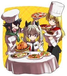 Rule 34 | 3girls, ^ ^, anchovy (girls und panzer), anzio school uniform, ascot, bad id, bad pixiv id, black hair, blonde hair, brown eyes, cake, carpaccio (girls und panzer), chef, chef hat, closed eyes, drill hair, closed eyes, food, fork, girls und panzer, green hair, hat, holding, holding food, holding pizza, knife, long hair, multiple girls, oono imo, pepperoni (girls und panzer), pizza, school uniform, short hair, smile, toque blanche, twin drills, twintails