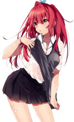 Rule 34 | 10s, 1girl, bad id, bad pixiv id, blush, free!, guru (nicocco), long hair, matsuoka gou, open mouth, ponytail, red eyes, red hair, school uniform, shirt, simple background, skirt, solo, wet, wet clothes, wet shirt, white background