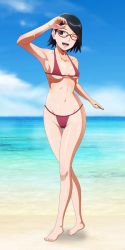 Rule 34 | 1girl, armpits, barefoot, beach, bikini, black eyes, black hair, blue sky, boruto: naruto next generations, breasts, collarbone, day, eyebrows, female focus, full body, glasses, groin, hand up, highres, legs together, looking at viewer, naruto (series), navel, no pupils, ocean, one eye closed, open mouth, outdoors, purple bikini, red-framed eyewear, shiny skin, short hair, sky, small breasts, smile, solo, standing, swept bangs, swimsuit, teeth, thigh gap, toenails, toes, tongue, uchiha sarada, upper teeth only, wink