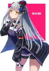 Rule 34 | 1girl, black jacket, black shorts, character name, closed mouth, cowboy shot, cross hair ornament, expressionless, facial mark, girls&#039; frontline, gloves, green eyes, hair ornament, hat, highres, hk416 (girls&#039; frontline), hk416 (mod3) (girls&#039; frontline), jacket, konome noi, leaning forward, long hair, long sleeves, looking at viewer, military, military uniform, mini hat, mod3 (girls&#039; frontline), open clothes, open jacket, purple shirt, shirt, short shorts, shorts, sidelocks, silver hair, sleeveless, sleeveless shirt, solo, standing, thighs, two-tone background, uniform, very long hair, white gloves