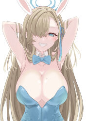 Rule 34 | 1girl, absurdres, animal ears, armpits, arms behind head, arms up, asuna (blue archive), bare shoulders, blue archive, blue bow, blue bowtie, blue eyes, blue leotard, bow, bowtie, breasts, cleavage, commentary, detached collar, fake animal ears, grey hair, grin, hair over one eye, highres, large breasts, leotard, long hair, looking at viewer, mole, mole on breast, playboy bunny, rabbit ears, shinta (the-mattyaman), simple background, smile, solo, strapless, strapless leotard, upper body, very long hair, white background