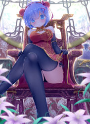 Rule 34 | 10s, 1girl, absurdres, ahoge, alternate costume, armlet, bad id, bad pixiv id, bare shoulders, black gloves, black panties, black thighhighs, blue eyes, blue hair, blurry, breasts, brooch, chair, china dress, chinese clothes, cleavage, cleavage cutout, clothes lift, clothing cutout, crossed legs, cushion, depth of field, dress, dress lift, earrings, elbow gloves, floral print, flower, from below, gem, gloves, hair flower, hair ornament, hair ribbon, hairband, highres, jewelry, lifted by self, looking at viewer, matching hair/eyes, medium breasts, panties, pantyshot, pelvic curtain, re:zero kara hajimeru isekai seikatsu, red dress, rem (re:zero), ribbon, short hair, side-tie panties, sitting, sleeveless, sleeveless dress, solo, thighhighs, underwear, upskirt, vase, white flower, x hair ornament, xuanlin jingshuang