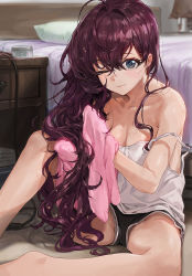 10s 1girl :3 ;3 bare_legs bare_shoulders barefoot bed blue_eyes breasts brown_hair cleavage collarbone desk drying drying_hair eyelashes female_focus grey_panties highres holding holding_own_hair ichinose_shiki idolmaster idolmaster_cinderella_girls indoors lamp long_hair looking_at_viewer modare one_eye_closed panties panty_peek pillow sitting smile solo strap_slip towel underwear very_long_hair wet wet_hair