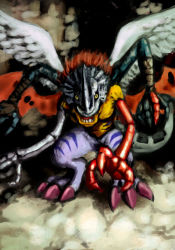 Rule 34 | angel wings, artist request, chimairamon, chimera, claws, debris, digimon, digimon (creature), dragon wings, extra arms, fake horns, feathered wings, helmet, horned helmet, horns, looking at viewer, low wings, multiple wings, no humans, open mouth, orange eyes, pectorals, red wings, shaded face, sharp teeth, single horn, solo, standing, tail, teeth, torn wings, white wings, wings