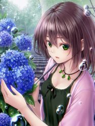 Rule 34 | 1girl, black ribbon, blouse, blue flower, breasts, brown hair, bubble, cleavage, collarbone, flower, from side, green eyes, hair between eyes, highres, holding, holding umbrella, hydrangea, jacket, jewelry, macha0331, medium breasts, neck ribbon, necklace, open clothes, open jacket, open mouth, original, outdoors, pink jacket, rain, ribbon, shirt, short hair, short sleeves, sleeveless, sleeveless shirt, solo, stairs, transparent, transparent umbrella, umbrella