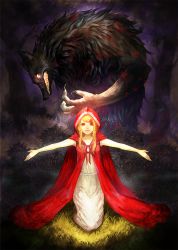 Rule 34 | 1girl, big bad wolf, blonde hair, claws, closed mouth, collarbone, forest, glowing, glowing eyes, grass, hair ornament, hairclip, highres, hood, hood up, kneeling, light rays, little red riding hood, little red riding hood (grimm), looking at another, monster, nature, original, outdoors, outstretched arms, red eyes, red lips, smile, spread arms, waterstaring, wolf