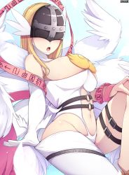 Rule 34 | 1girl, angel, angel wings, angewomon, artist name, bare shoulders, belt, blonde hair, breasts, cleavage, clothing cutout, commentary, covered eyes, ddangbi, digimoji, digimon, digimon (creature), elbow gloves, feathers, gloves, hand on own knee, head wings, highres, knee up, large breasts, leg up, mask, midriff, mixed-language commentary, navel, navel cutout, o-ring, o-ring belt, open mouth, revealing clothes, single elbow glove, single thighhigh, solo, teeth, thigh strap, thighhighs, thighs, tongue, upper teeth only, wings