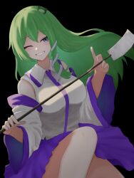 Rule 34 | 1girl, ;d, absurdres, black background, blue skirt, breasts, collared shirt, commentary, detached sleeves, frog hair ornament, gohei, green eyes, green hair, hair ornament, hair tubes, highres, holding, kochiya sanae, large breasts, long hair, looking at viewer, moriforest1040, one eye closed, open mouth, parted lips, shirt, simple background, skirt, smile, snake hair ornament, solo, touhou, white shirt