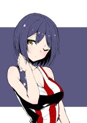 Rule 34 | 1girl, ;/, american flag, american flag print, bare arms, bare shoulders, blush, breasts, cleavage, closed mouth, collarbone, flag print, hand on own neck, hand up, kaname nagi, looking at viewer, medium breasts, nijisanji, one eye closed, purple hair, shizuka rin, short hair, sketch, solo, tank top, two-tone background, upper body, virtual youtuber, yellow eyes