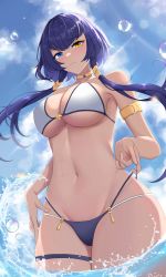 Rule 34 | 1girl, absurdres, alternate costume, armlet, bare shoulders, bikini, blue eyes, blue sky, blush, breasts, bubble, candace (genshin impact), choker, cleavage, closed mouth, covered erect nipples, day, floating hair, from below, frown, genshin impact, heterochromia, highres, large breasts, linea alba, looking at viewer, multi-strapped bikini, navel, outdoors, short hair with long locks, skindentation, sky, solo, stomach, strap pull, string bikini, swimsuit, thigh strap, underboob, wading, water drop, yellow eyes, zhutou 333