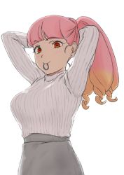 Rule 34 | 1girl, blunt bangs, blush, closed mouth, drill hair, earrings, fire emblem, fire emblem: three houses, gradient hair, grey skirt, hands up, heart, heart earrings, highres, hilda valentine goneril, jewelry, looking at viewer, multicolored hair, nintendo, osame, ponytail, red eyes, ribbed sweater, simple background, skirt, smile, solo, stud earrings, sweater, tying hair, white background, white sweater