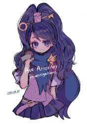 Rule 34 | 1girl, ace attorney, ace attorney investigations, blue scarf, blush, closed mouth, hair tie, high ponytail, highres, karakusa (pattern), kay faraday, key, long hair, looking at viewer, miniskirt, narumame, pleated skirt, ponytail, purple eyes, purple hair, scarf, shirt, simple background, skirt, smile, solo, white background