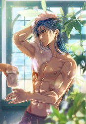 Rule 34 | 1boy, abs, alternate hairstyle, biceps, blue hair, bodypaint, coffee mug, cu chulainn (fate), cu chulainn (fate/stay night), cup, drying, drying hair, earrings, fate/stay night, fate (series), getueika, groin, hair down, indoors, jewelry, long hair, male focus, mug, muscular, muscular male, navel, nipples, open mouth, pectorals, red eyes, topless male, smile, spiked hair, towel, window
