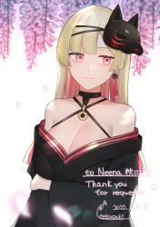 Rule 34 | 1girl, absurdres, arm under breasts, artist name, bare shoulders, black choker, black kimono, blonde hair, blunt bangs, breasts, character name, choker, collarbone, commentary request, commission, dated, earrings, english text, fox mask, gradient hair, highres, japanese clothes, jewelry, kimono, large breasts, light smile, long hair, long sleeves, makurano neena, mask, mask on head, multicolored hair, off shoulder, petals, pink eyes, pink hair, production kawaii, simple background, single earring, skeb commission, solo, tassel, tassel earrings, tebamaru, thank you, virtual youtuber, white background, wide sleeves