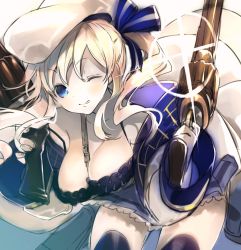 Rule 34 | 10s, 1girl, ;), absurdres, bent over, beret, between breasts, black thighhighs, blue eyes, blue ribbon, blue skirt, breasts, cleavage, collarbone, cucouroux (granblue fantasy), etomai, finger on trigger, granblue fantasy, grin, gun, hair ribbon, handgun, hat, highres, holding, holding gun, holding weapon, long hair, medium breasts, miniskirt, one eye closed, pleated skirt, ribbon, simple background, skirt, smile, solo, strap, strap between breasts, striped ribbon, thighhighs, twintails, weapon, white background, white hair, white hat, zettai ryouiki