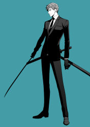 Rule 34 | 1boy, black gloves, black necktie, black pants, black suit, blue background, collared shirt, fate/grand order, fate (series), formal, full body, gloves, grey hair, highres, holding, holding sword, holding weapon, katana, long sleeves, male focus, necktie, pants, profile, saitou hajime (fate), sheath, sheathed, shima108, shirt, short hair, simple background, solo, suit, sword, weapon, white shirt