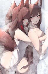 Rule 34 | 2girls, :d, ^ ^, absurdres, against wall, akagi (azur lane), amagi (azur lane), animal ear fluff, animal ears, ass, azur lane, breast press, breasts, brown hair, closed eyes, highres, large breasts, long hair, multiple girls, naked towel, open mouth, purple eyes, samip, smile, steam, tail, towel, yuri
