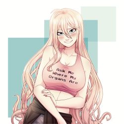 Rule 34 | 1girl, ahoge, alternate costume, antenna hair, bare arms, bare shoulders, black sweater, blonde hair, blush, breasts, cheer (cheerpuppy14), cleavage, clothes writing, collarbone, commentary, cowboy shot, danganronpa (series), danganronpa v3: killing harmony, english commentary, english text, green background, grin, hair between eyes, highres, iruma miu, large breasts, long hair, looking at viewer, midriff, nail polish, pink eyes, pink shirt, shirt, smile, solo, sweater, tank top, very long hair, white background