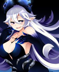 Rule 34 | 1girl, :d, absurdly long hair, absurdres, accessories, blue dress, blue eyes, blush, breast tattoo, breasts, claws, cleavage, cleavage cutout, clothing cutout, demon girl, demon horns, diabla (elsword), dress, elsword, eyebrows, fang, fang out, female focus, finger to mouth, gradient background, hand on own chest, highres, horns, large areolae, large breasts, long eyelashes, long hair, luciela r. sourcream, md5 mismatch, open mouth, pointy ears, resized, shotahunter, shunter, smile, smirk, solo, tattoo, thick eyebrows, tight clothes, tight dress, upper body, upscaled, very long hair, white hair