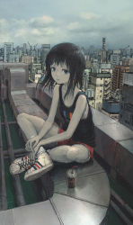 Rule 34 | 1girl, adidas, black eyes, black hair, cityscape, commentary, cup, day, disposable cup, drinking glass, highres, indian style, looking at viewer, medium hair, original, outdoors, rooftop, scenery, shoes, short shorts, shorts, sitting, sky, sneakers, solo, tank top, tokunaga akimasa, ventilation shaft