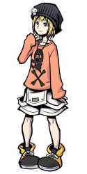 Rule 34 | 1girl, beanie, bell, bitou raimu, blonde hair, hat, heart, jewelry, necklace, non-web source, official art, overalls, shoes, short hair, shorts, skull and crossbones, sleeves past wrists, sneakers, solo, subarashiki kono sekai