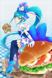 Rule 34 | 1girl, ahoge, aizen (syoshiyuki), apron, black pantyhose, blue bow, blue footwear, blue hair, bow, bread bun, brooch, closed mouth, creature, cure spicy, delicious party precure, dog, earrings, egg (food), elbow gloves, food, footwear bow, full body, fuwa kokone, gloves, green eyes, hair bow, hair rings, heart, heart brooch, highres, jewelry, layered skirt, lettuce, long hair, looking at viewer, magical girl, multicolored hair, pam-pam (precure), pantyhose, pepper, pink bow, pink hair, ponytail, precure, sandwich, shoes, sitting, skirt, smile, tomato, tomato slice, two-tone hair, white gloves, yellow skirt