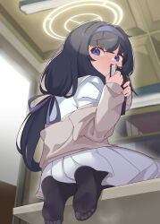 Rule 34 | 1girl, black hair, black pantyhose, blue archive, blue eyes, blue hairband, blush, book, cardigan, feet, female focus, from below, hair tie, hairband, halo, highres, holding, holding book, indoors, long hair, looking at another, looking back, no footwear, no shoes, pantyhose, sakurami sumi, school uniform, shirt, sidelocks, sitting, sitting on table, skirt, soles, solo, steam, steaming body, toes, ui (blue archive), white shirt, white skirt