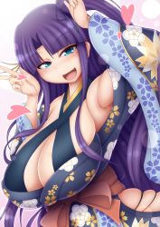 Rule 34 | 1girl, armpits, bare shoulders, blue eyes, blush, borrowed character, breasts, cleavage, female focus, highres, huge breasts, japanese clothes, kimono, long hair, looking at viewer, open mouth, ponponmaru, purple hair, revealing clothes, side ponytail, solo, standing, v, yukata
