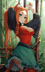 Rule 34 | 1girl, absurdres, animal ears, aniroud, arms up, bamboo, bamboo forest, blush, breasts, cat ears, cat girl, cat tail, cleavage, facial mark, female focus, forest, frilled skirt, frills, green eyes, hair tie, highres, large breasts, long hair, looking at viewer, nature, orange eyes, original, parted bangs, parted lips, red shirt, red thighhighs, sheath, sheathed, shirt, short eyebrows, skirt, solo, swimsuit, tail, thick eyebrows, thighhighs, tying hair, very long hair, whisker markings