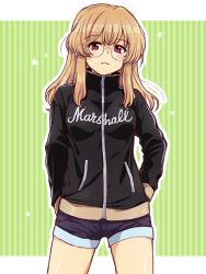 Rule 34 | 1girl, black jacket, blonde hair, copyright request, cowboy shot, frown, glasses, green background, hands in pockets, jacket, long hair, looking at viewer, red eyes, shorts, smrtw (world), solo, standing, striped, vertical stripes