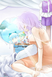 Rule 34 | 3girls, alternate costume, barefoot, bed, blanket, blue hair, bow, breasts, chibi, cirno, daiyousei, closed eyes, green hair, hair bow, ice, large breasts, letty whiterock, multiple girls, off shoulder, phenne, pillow, strap slip, touhou, translation request, tree, water, wings, | |