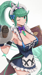 Rule 34 | 1girl, ;), absurdres, alternate costume, apron, blouse, blue bow, bow, bowtie, breasts, chest jewel, chest jewel, cleavage, coattails, coffee cup, cup, detached collar, disposable cup, duplicate, earrings, enmaided, frilled skirt, frills, gonzarez, green eyes, green hair, highres, holding, holding menu, holding tray, jewelry, large breasts, long hair, maid, maid apron, maid headdress, menu, one eye closed, pixel-perfect duplicate, pneuma (xenoblade), ponytail, purple bow, purple bowtie, shirt, skindentation, skirt, sleeveless, sleeveless shirt, smile, solo, spaghetti strap, steam, tray, very long hair, xenoblade chronicles (series), xenoblade chronicles 2