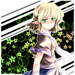 Rule 34 | 1girl, arm warmers, blonde hair, blush, female focus, flower, green eyes, half updo, kazetto, looking back, mizuhashi parsee, pointy ears, scarf, solo, touhou