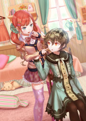 Rule 34 | 1boy, 1girl, arm at side, arm grab, asymmetrical legwear, bed, black bow, black pantyhose, blue eyes, blush, body pillow, book, bow, bow print, bowtie, brown hair, buttons, cardigan, cat, chair, cheek poking, clothes hanger, collared shirt, commentary request, crossdressing, curtains, daisan oujo, dress, dress shirt, drill hair, dutch angle, flower, gradient hair, hair between eyes, hair ornament, hair ribbon, hair scrunchie, hairband, hairclip, highres, indoors, lingerie, long sleeves, looking at another, looking back, low twintails, mat, mismatched legwear, multicolored hair, negligee, on chair, open mouth, orange hair, original, pantyhose, parted lips, pillow, pink thighhighs, pitcher (container), plaid, plaid bow, plaid bowtie, plaid neckwear, plaid skirt, plant, pleated skirt, poking, potted plant, print legwear, purple thighhighs, rabbit, red skirt, ribbon, scrunchie, shelf, shirt, short hair, sitting, skirt, standing, stuffed animal, stuffed rabbit, stuffed cat, stuffed toy, sweatdrop, thighhighs, trap, twin drills, twintails, underwear, vase, wainscoting, wallpaper (object), white shirt, window, wing collar, wooden floor, yellow bow