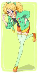 Rule 34 | 10s, 1girl, aikatsu!, aikatsu! (series), blonde hair, blue eyes, collarbone, female focus, full body, glasses, hair ornament, hair ribbon, jacket, open clothes, open jacket, open mouth, ribbon, saegusa kii, simple background, sleeves rolled up, smile, solo, thighhighs, twintails, yozo (stanky)
