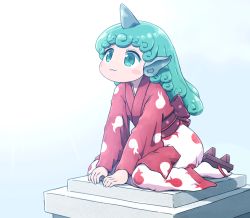 Rule 34 | 1girl, :3, adapted costume, animal ears, blush stickers, closed mouth, commentary request, curly hair, full body, geta, green eyes, green hair, horns, japanese clothes, kimono, komano aunn, long hair, long sleeves, looking up, obi, red kimono, sash, shirosato, single horn, sitting, socks, solo, touhou, wariza, white socks