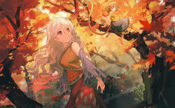 Rule 34 | 2girls, autumn, autumn leaves, bare shoulders, barefoot, blue dress, brown eyes, brown hair, circlet, closed mouth, cowboy shot, detached sleeves, dress, forest, green dress, highres, holding, holding weapon, leaf, long hair, maple leaf, monkey tail, multiple girls, nata (tool), nature, oito (bowstringsmall), orange dress, red dress, red eyes, sakata nemuno, short twintails, son biten, tail, test tube, touhou, tree, twintails, twitter username, weapon, white hair, yellow dress