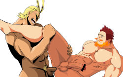 Rule 34 | 10s, 2boys, abs, all might, anal, bar censor, bara, barefoot, blonde hair, blush, boku no hero academia, censored, closed mouth, endeavor (boku no hero academia), erection, facial hair, fire, from side, half-closed eyes, highres, leg grab, leg lift, leg up, looking at another, lying, male focus, male penetrated, multiple boys, muscular, nipples, nude, open mouth, pectorals, penis, pubic hair, red hair, sex, shaded face, short hair, simple background, smile, spiked hair, spread legs, standing, sweat, teeth, testicles, tongue, uncensored, white background, yagi toshinori, yan feng, yaoi