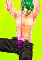 Rule 34 | arc system works, blazblue, green hair, hair over one eye, hazama, topless male, smile, toned