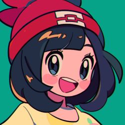 Rule 34 | 1girl, :d, beanie, black hair, blush stickers, chueog, commentary, creatures (company), eyelashes, game freak, green background, grey eyes, hat, looking at viewer, medium hair, nintendo, open mouth, pokemon, pokemon sm, red hat, selene (pokemon), shirt, simple background, smile, solo, t-shirt, teeth, tongue, upper body, upper teeth only, yellow shirt